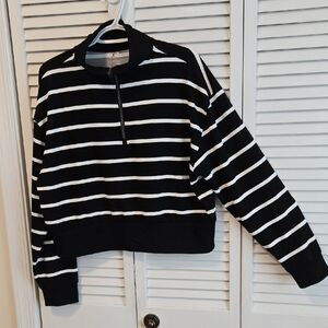 Danskin Black and White Striped Half-Zip Cropped Pullover